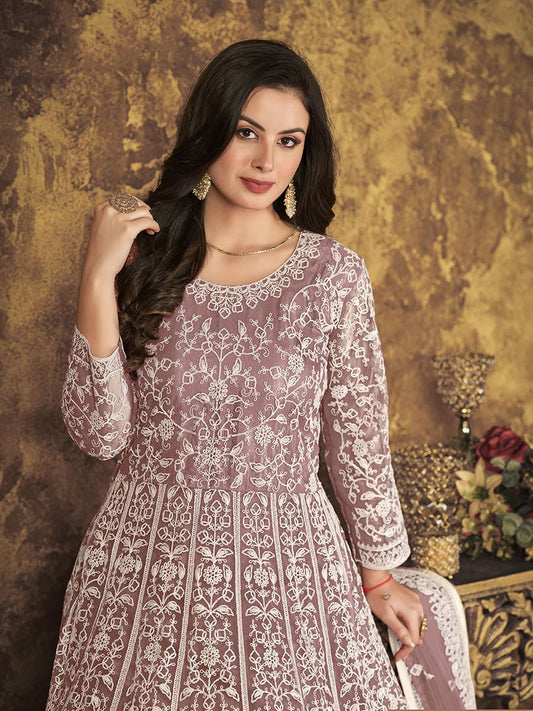 Dusty Brown Butterfly Net Embroidered Anarkali Suit