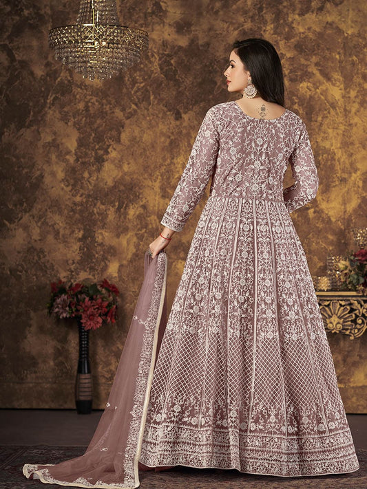 Dusty Brown Butterfly Net Embroidered Anarkali Suit