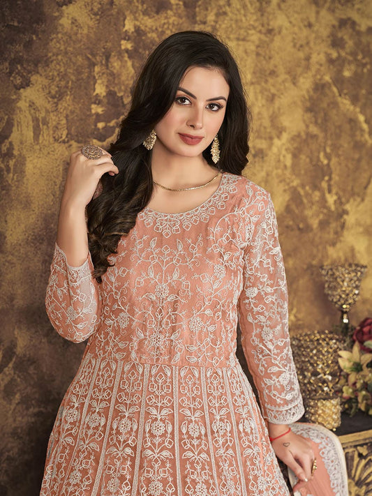 Dusty Peach Butterfly Net Embroidered Anarkali Suit