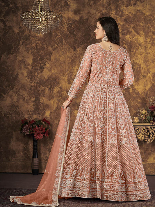 Dusty Peach Butterfly Net Embroidered Anarkali Suit
