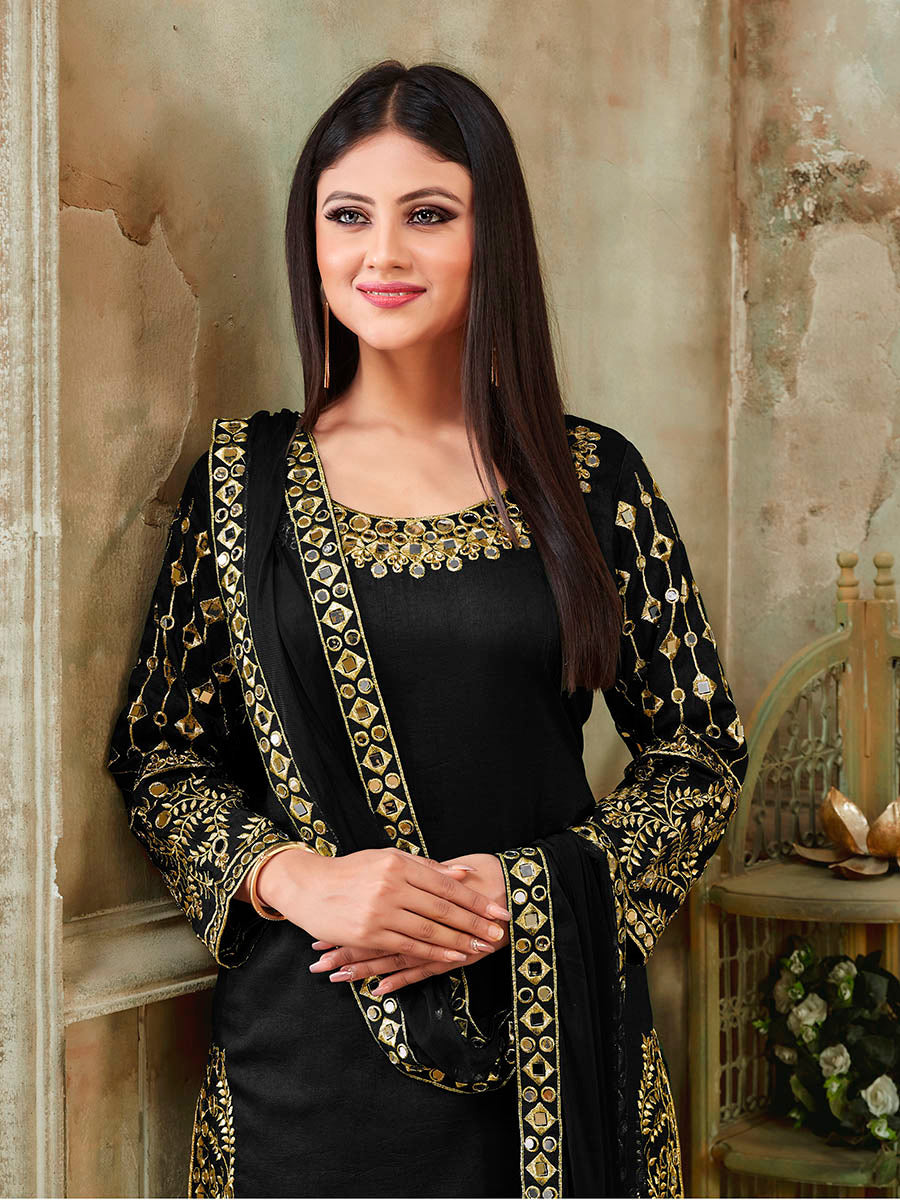 Black Art Silk Real Glass Work Suit