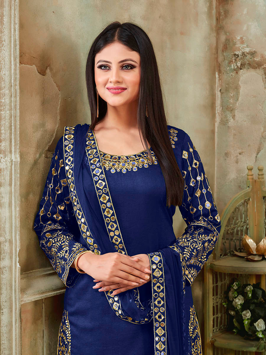 Royal Blue Art Silk Real Glass Work Suit