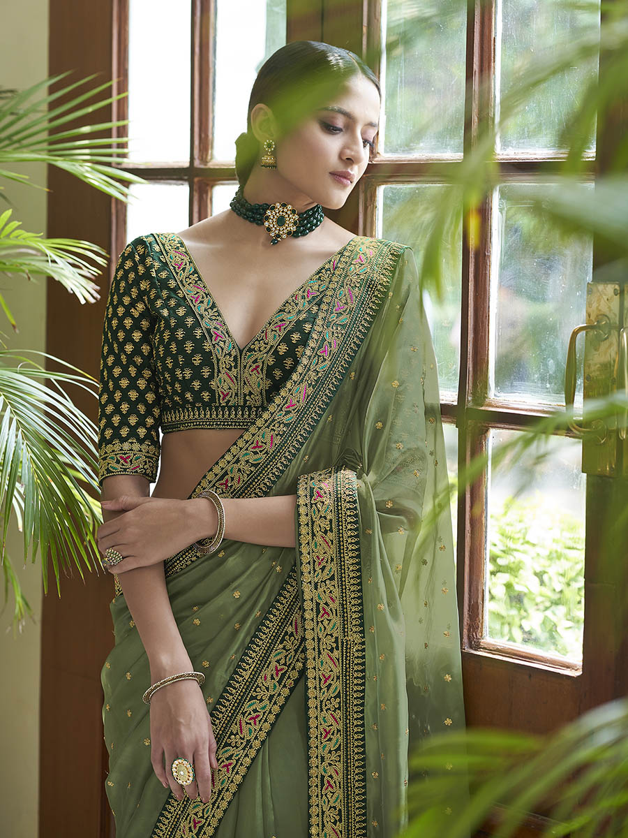 Olive Green Embroidered Organza Fancy Saree