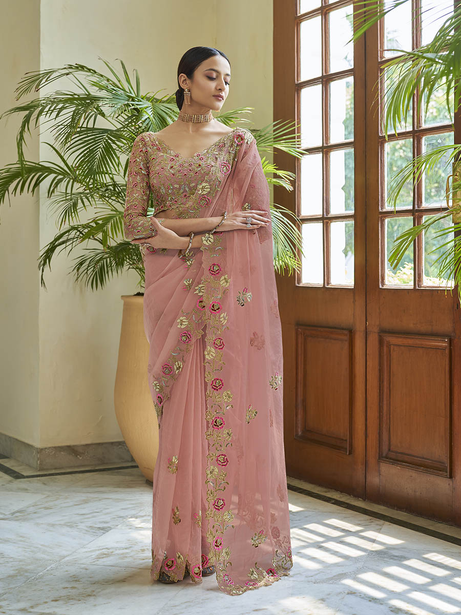 Peach Embroidered Organza Fancy Saree