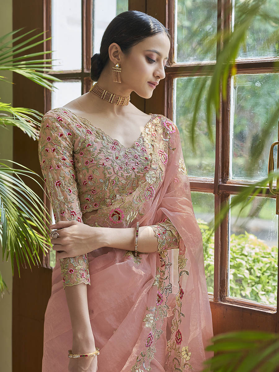 Peach Embroidered Organza Fancy Saree