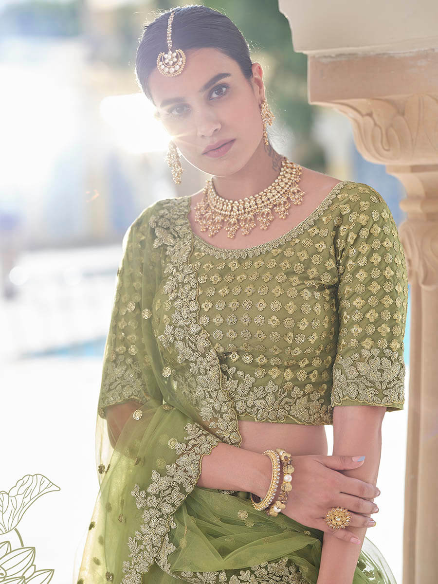 Olive Green Net Embroidered Lehenga