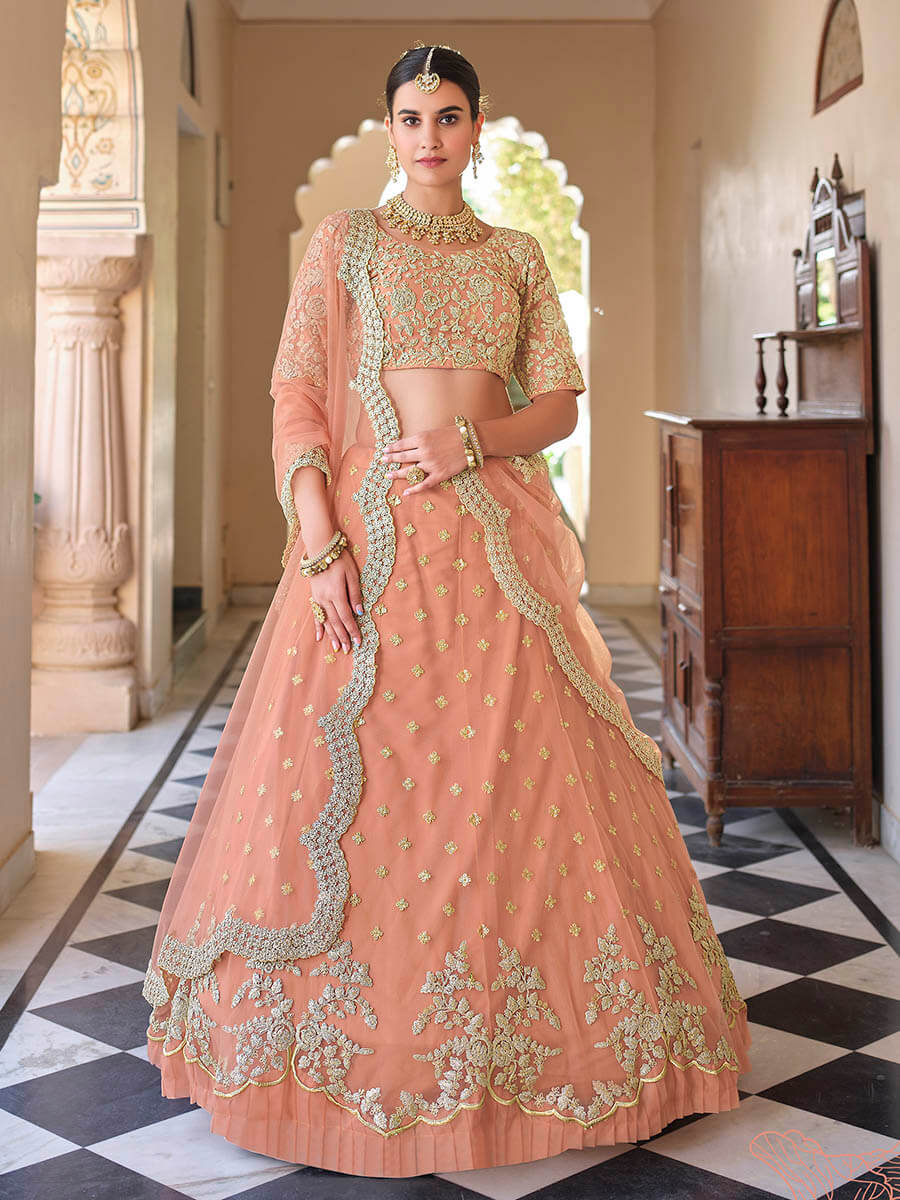 Peach Net Embroidered Lehenga