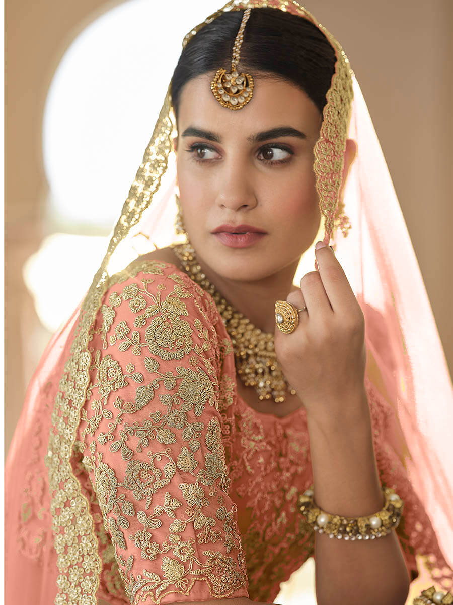 Peach Net Embroidered Lehenga