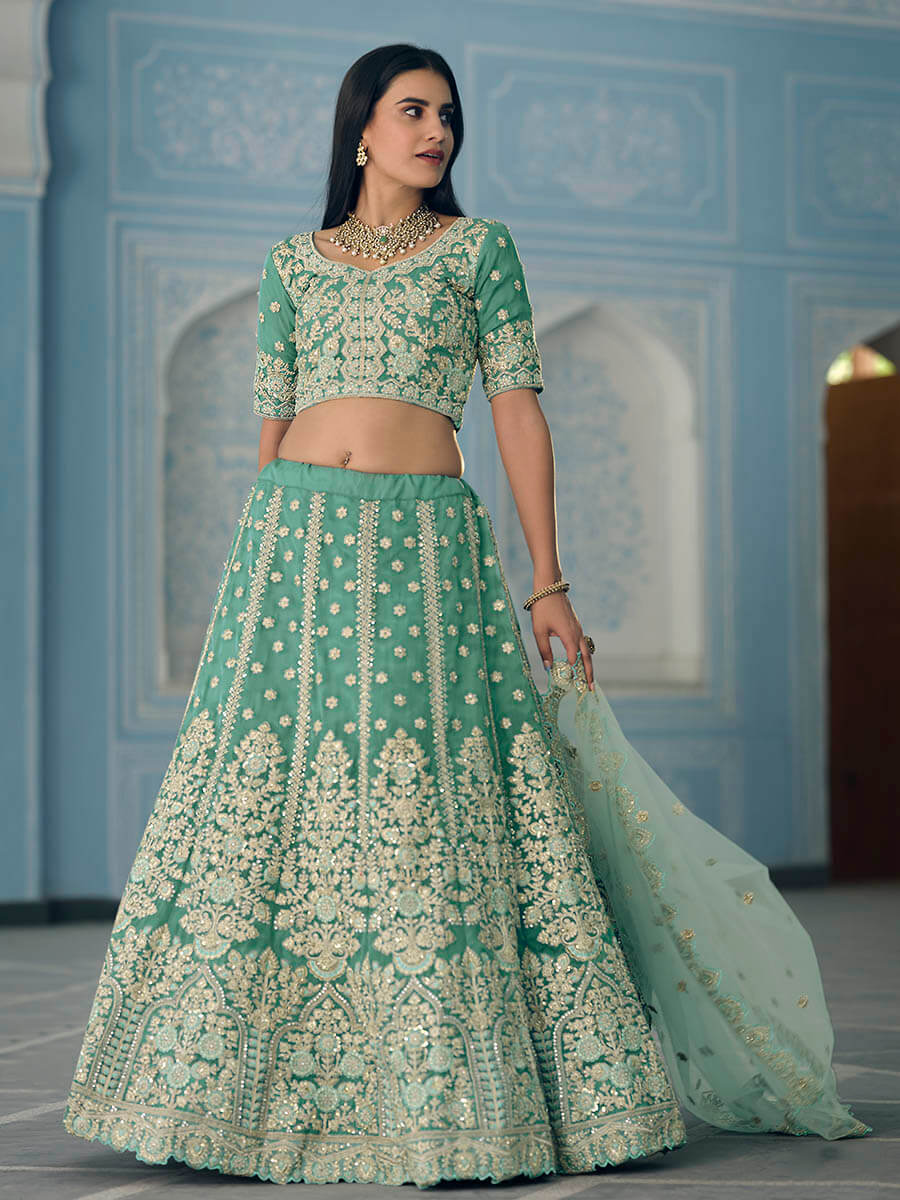 Turquiose Organza Embroidered Lehenga