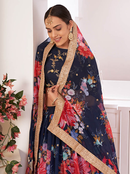 नेवी-ब्लू डिजिटल प्रिंटेड गॉर्जेट लहंगा