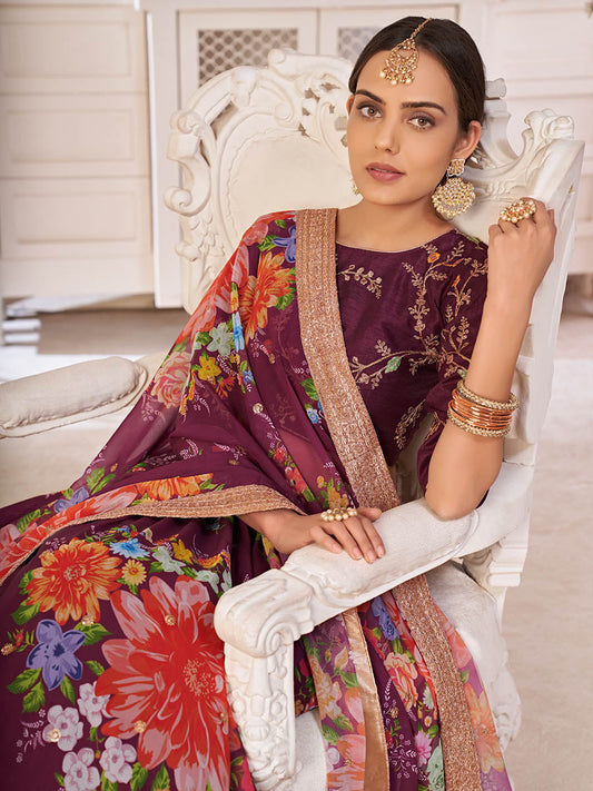 वाइन डिजिटल प्रिंटेड गोरगेट लहंगा