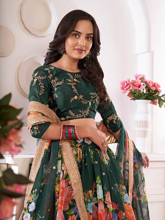 ग्रीन डिजिटल प्रिंटेड गोरगेट लहंगा