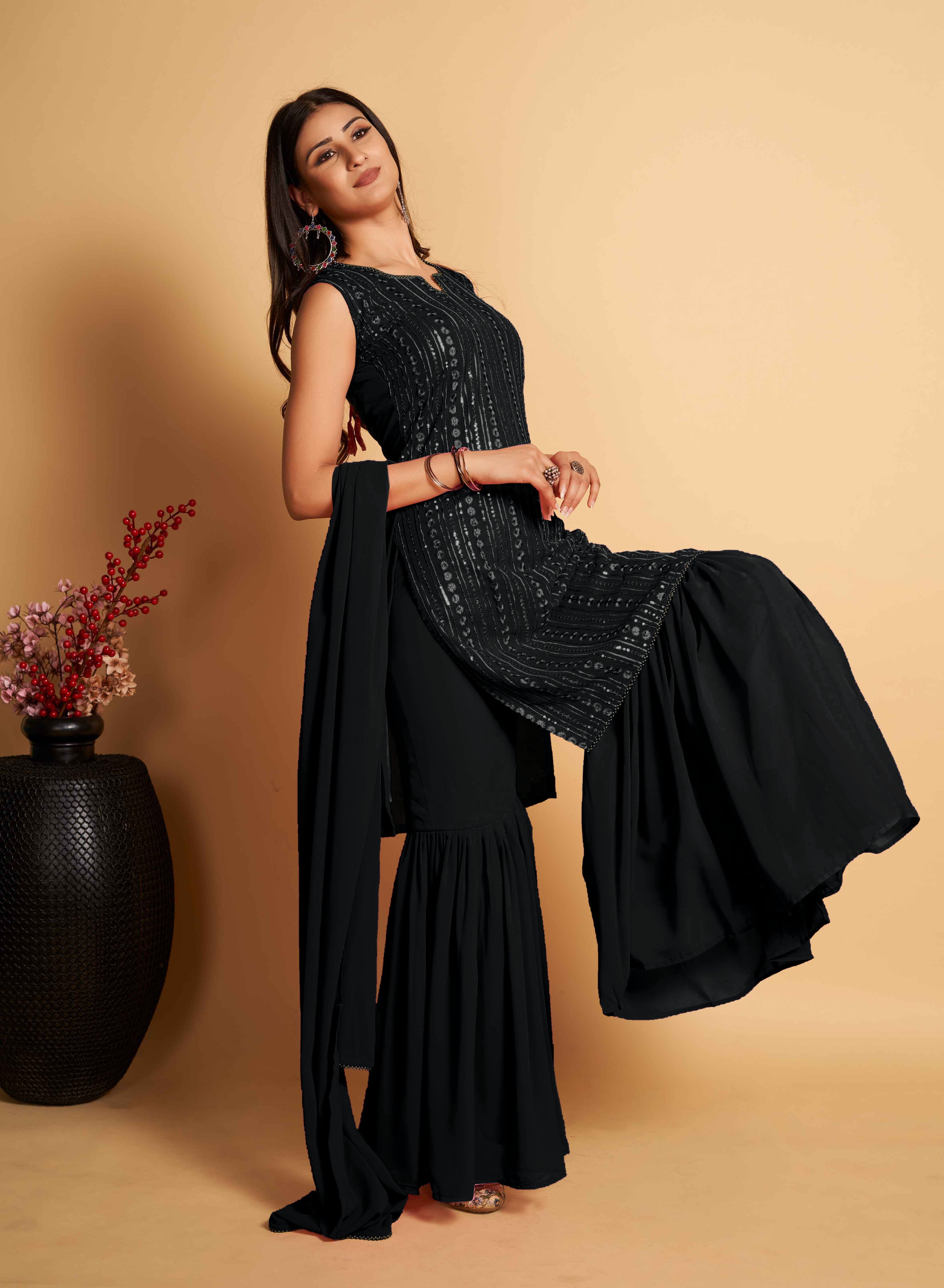 Stunning Black Designer Sharara Kurti Dupatta Set - Embroidered Faux Georgette & Georgette