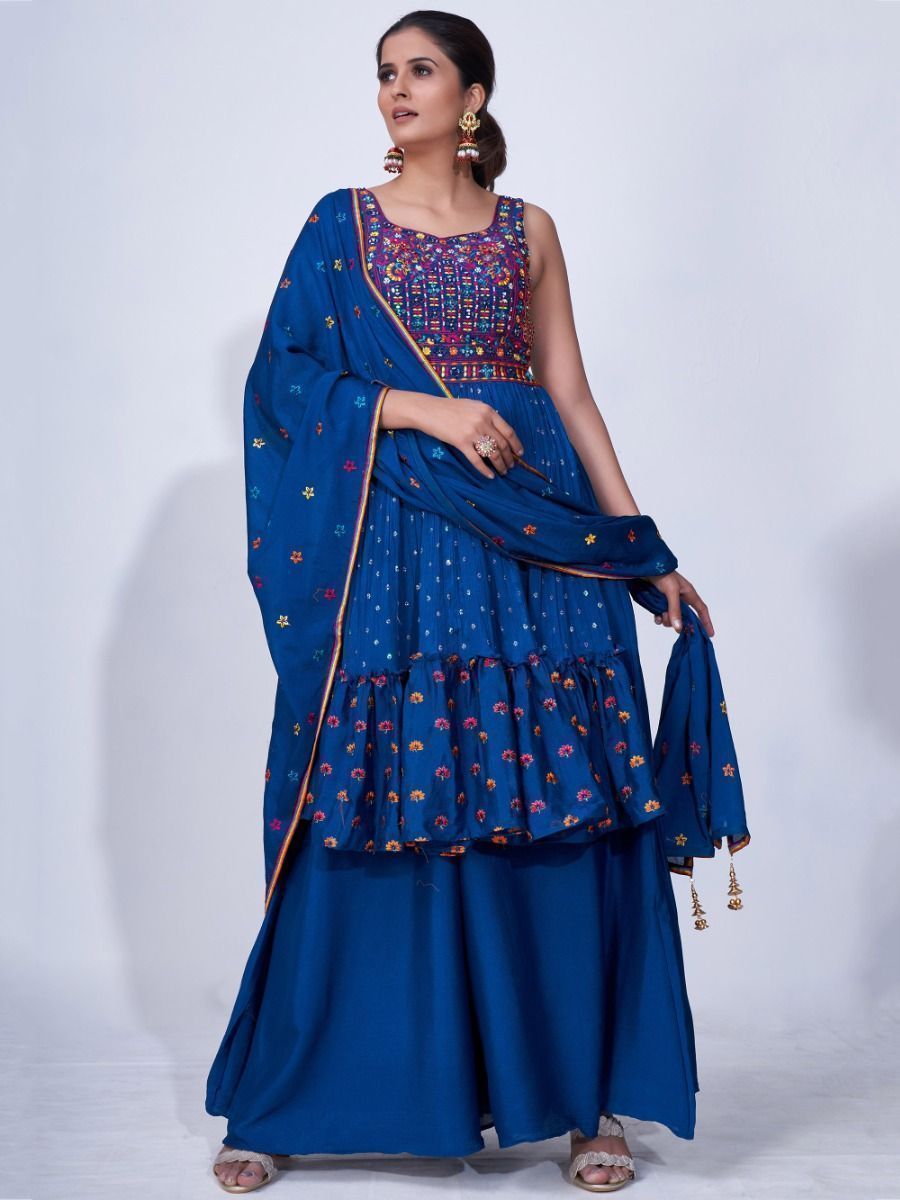 Blue Mirror Work Multi Embroidery Chiffon Palazzo Suit