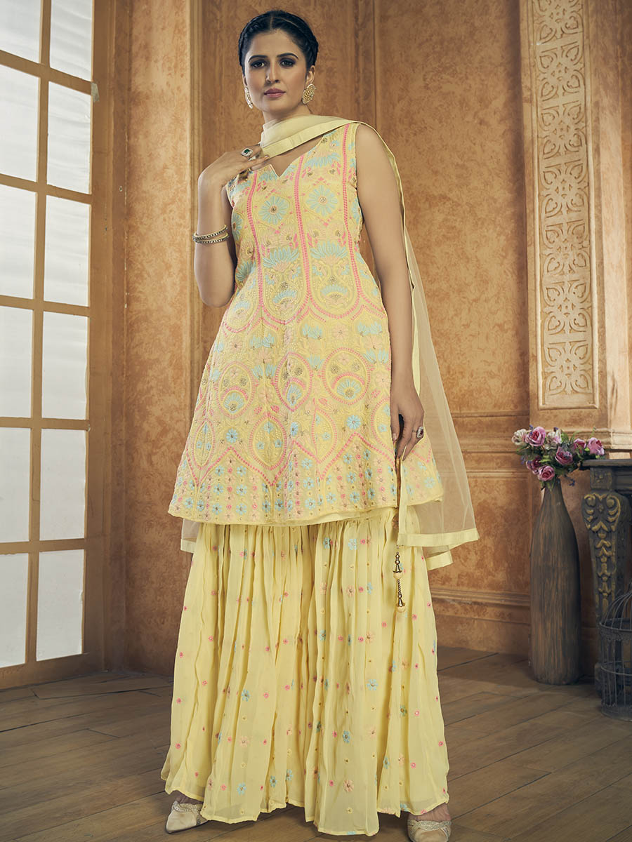 Yellow Georgette Embroidered Designer Suit