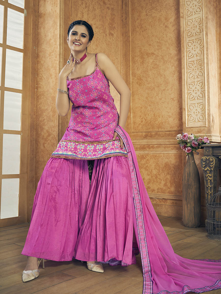 Pink Printed Chinon Silk Designer Suit