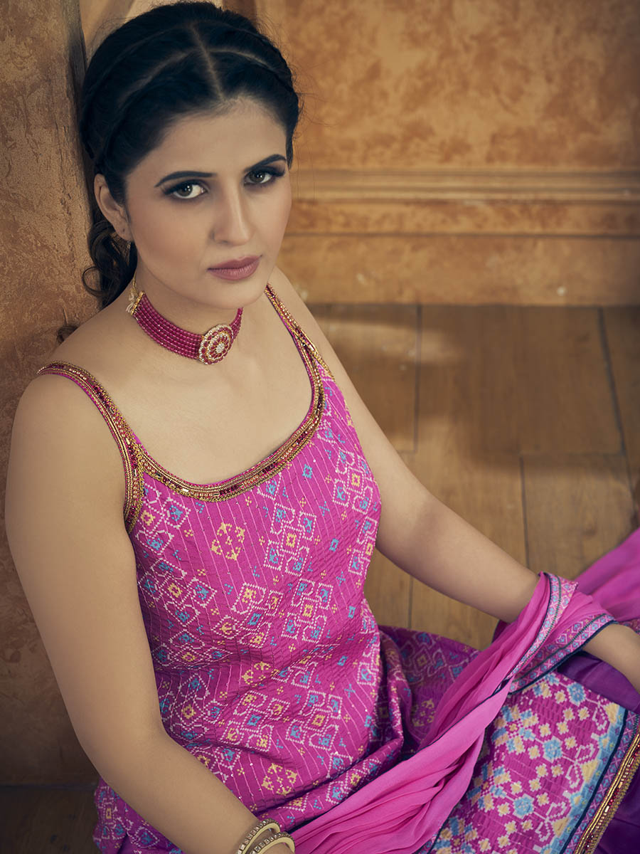 Pink Printed Chinon Silk Designer Suit