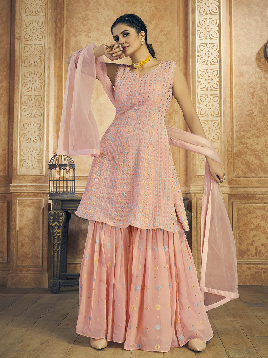 Pink Georgette Embroidered Designer Suit