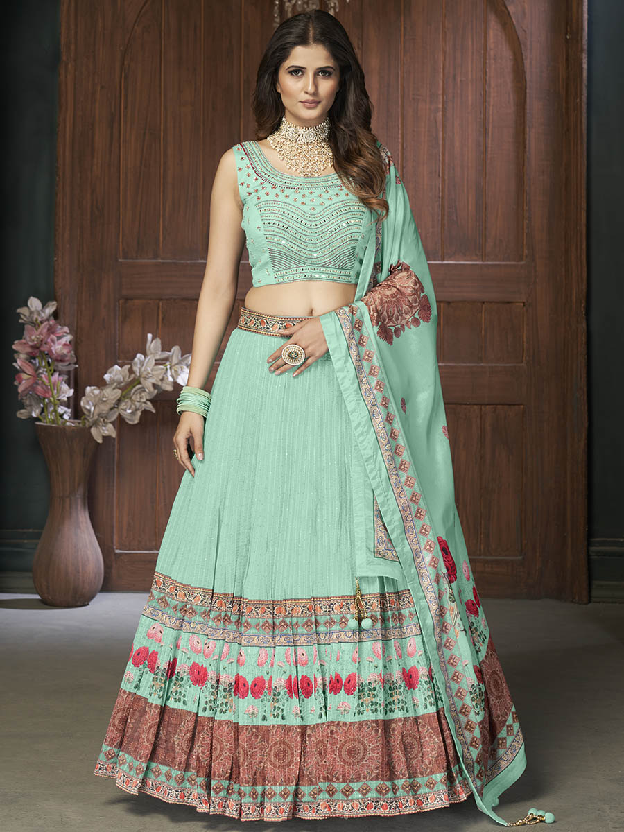 Sea Green Chinon Embroidered Designer Lehenga