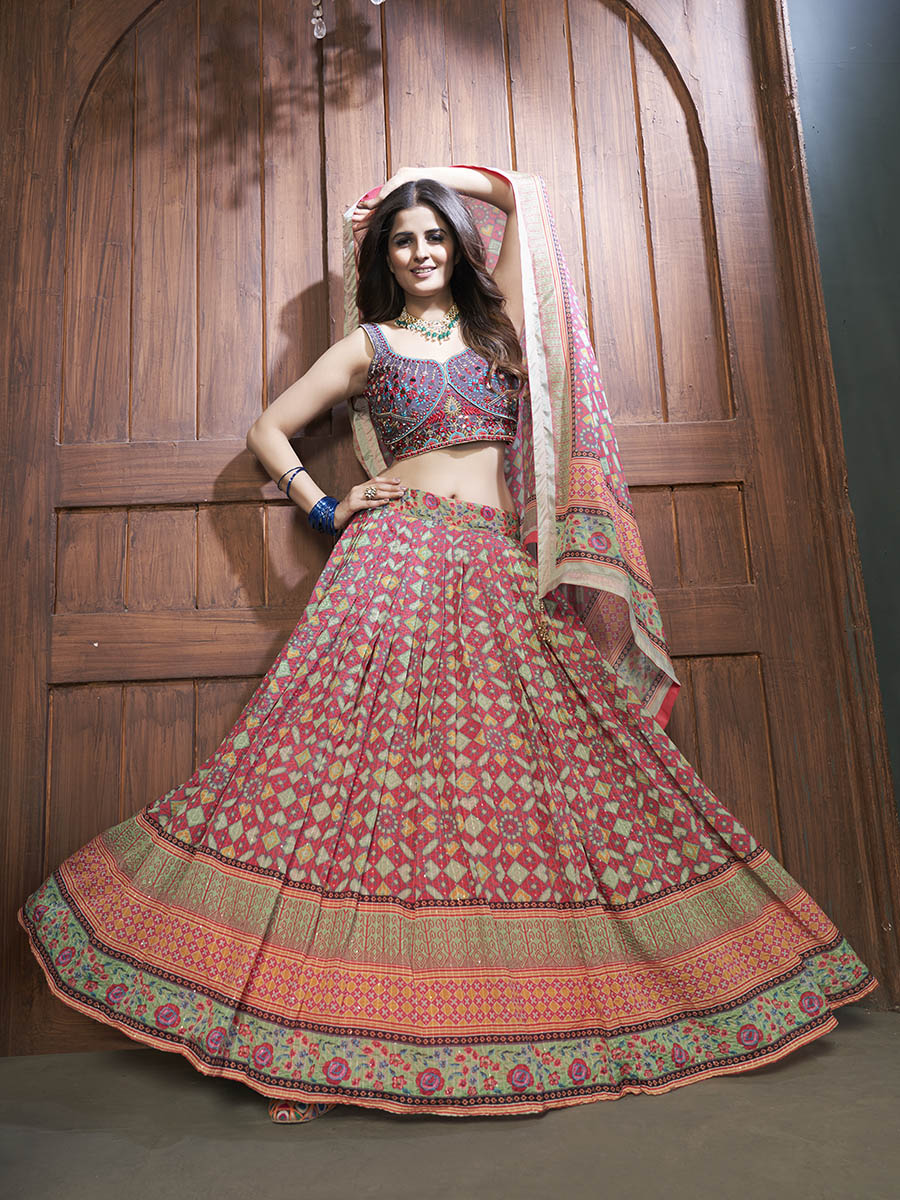 Multicolor Silk and Chinon Embroidered Designer Lehenga