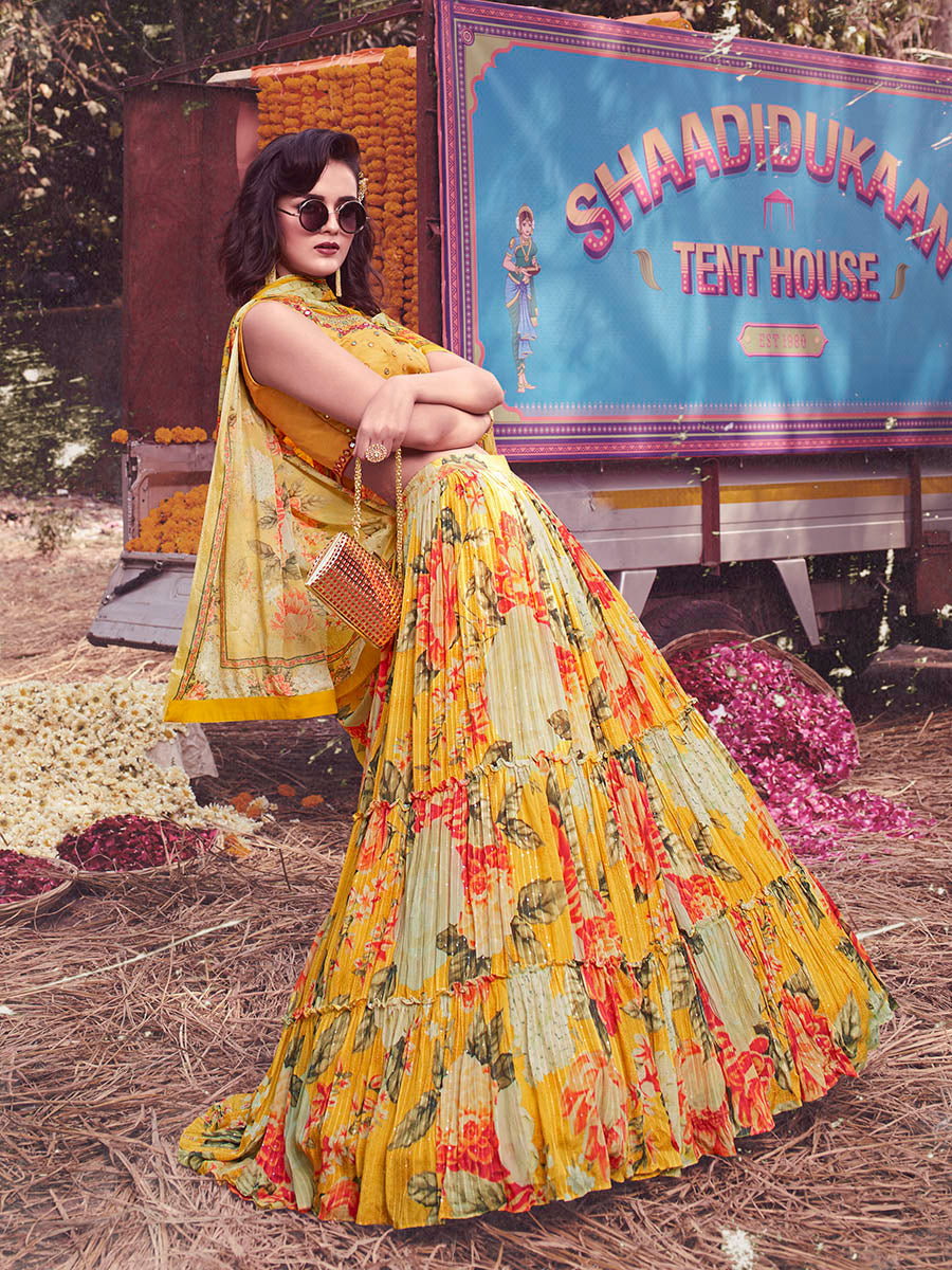 Yellow Art Silk Embroidered Designer Lehenga