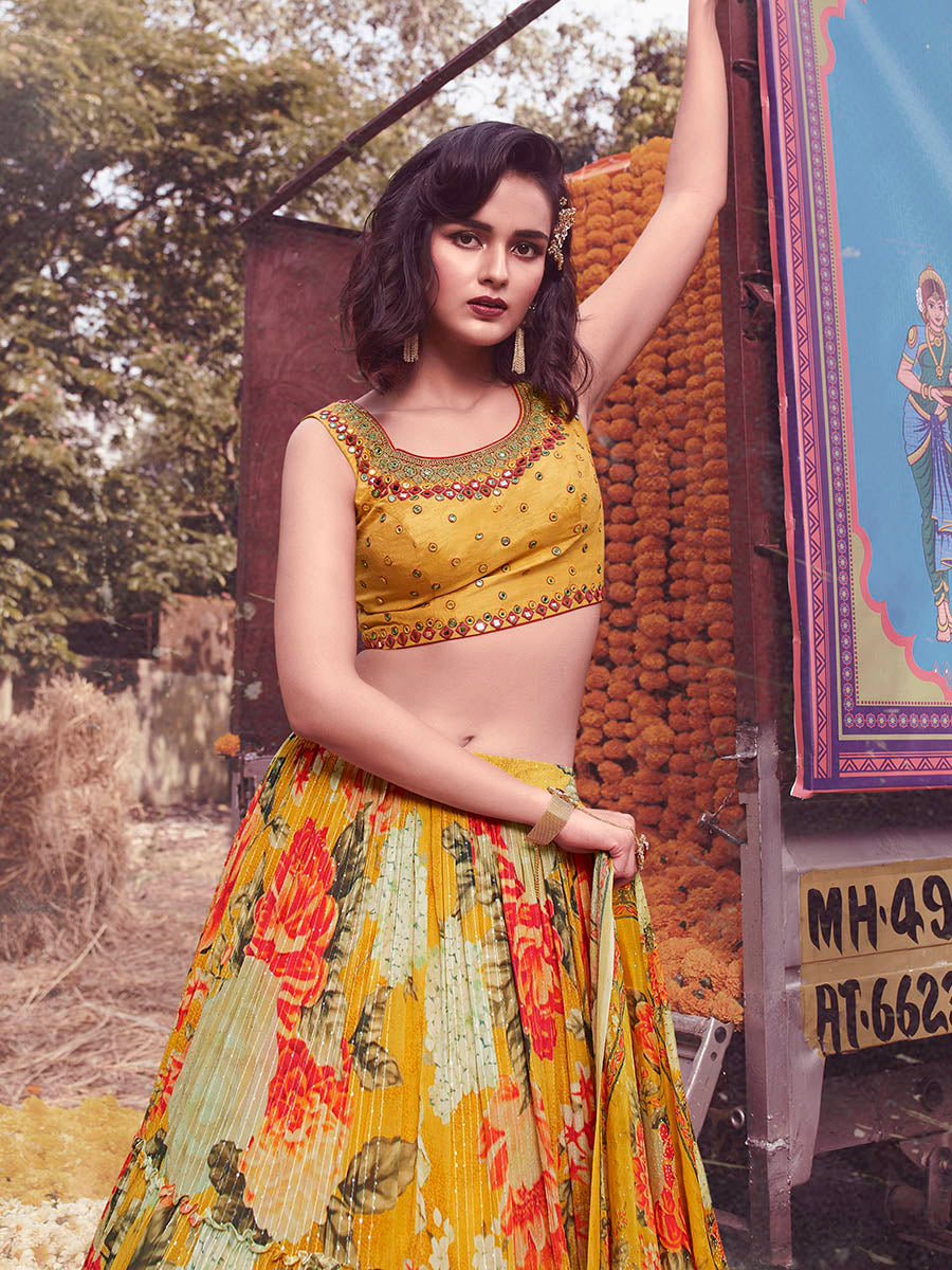 Yellow Art Silk Embroidered Designer Lehenga