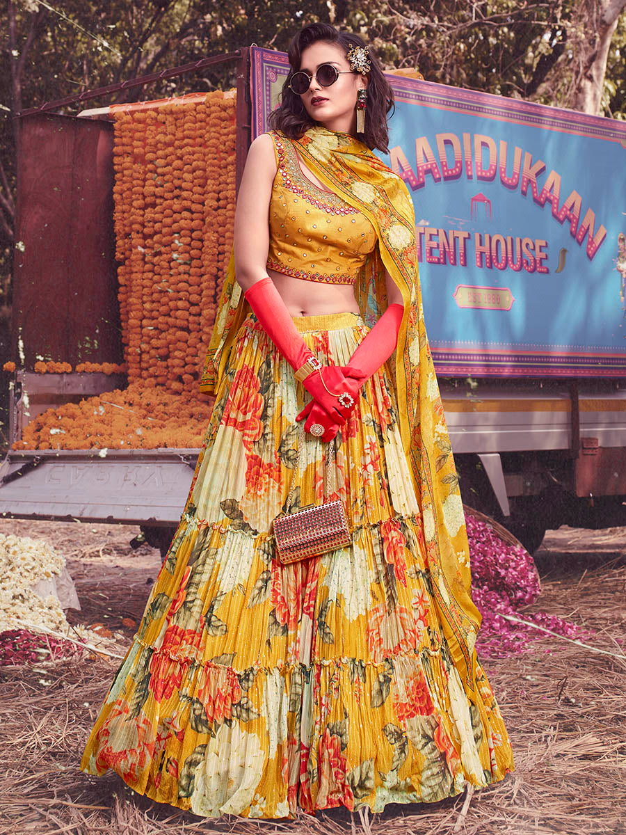 Yellow Art Silk Embroidered Designer Lehenga