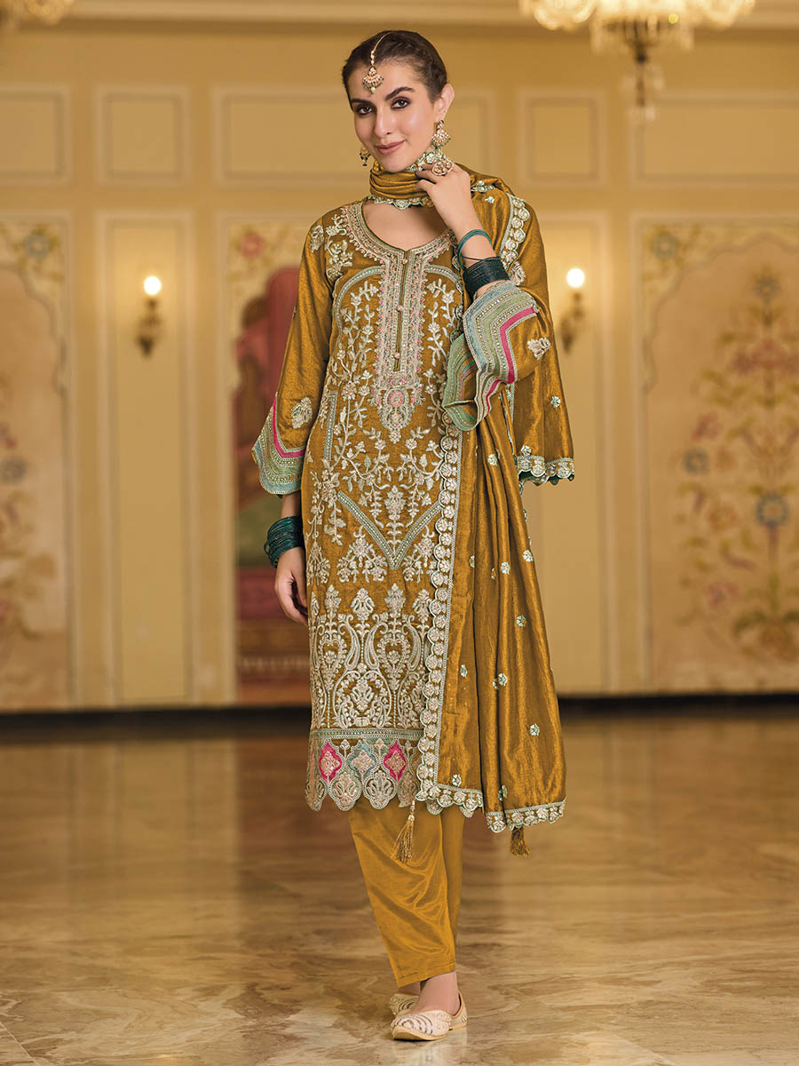 Mustard yellow Embroidered Pant Style Suit