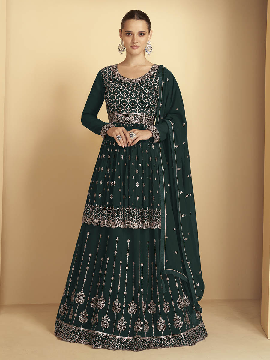 Dark Green Georgette Embroidered Sharara Suit