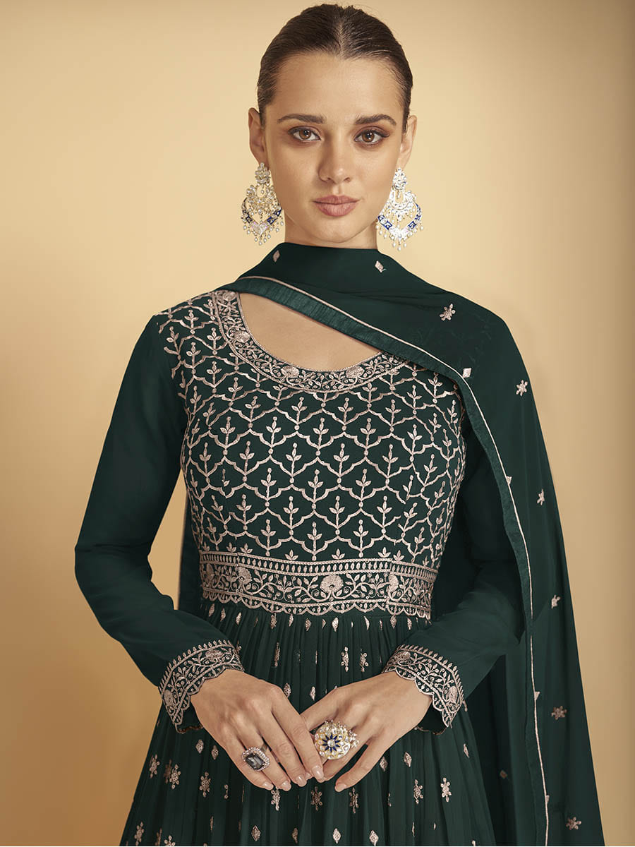 Dark Green Georgette Embroidered Sharara Suit