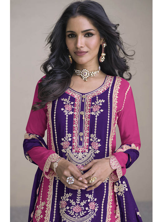 Purple & Pink Chinon Embroidered Palazo Suit