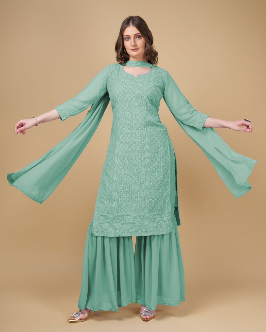 Stunning Faux Georgette Sharara Kurti Dupatta Set - Embroidered Elegance