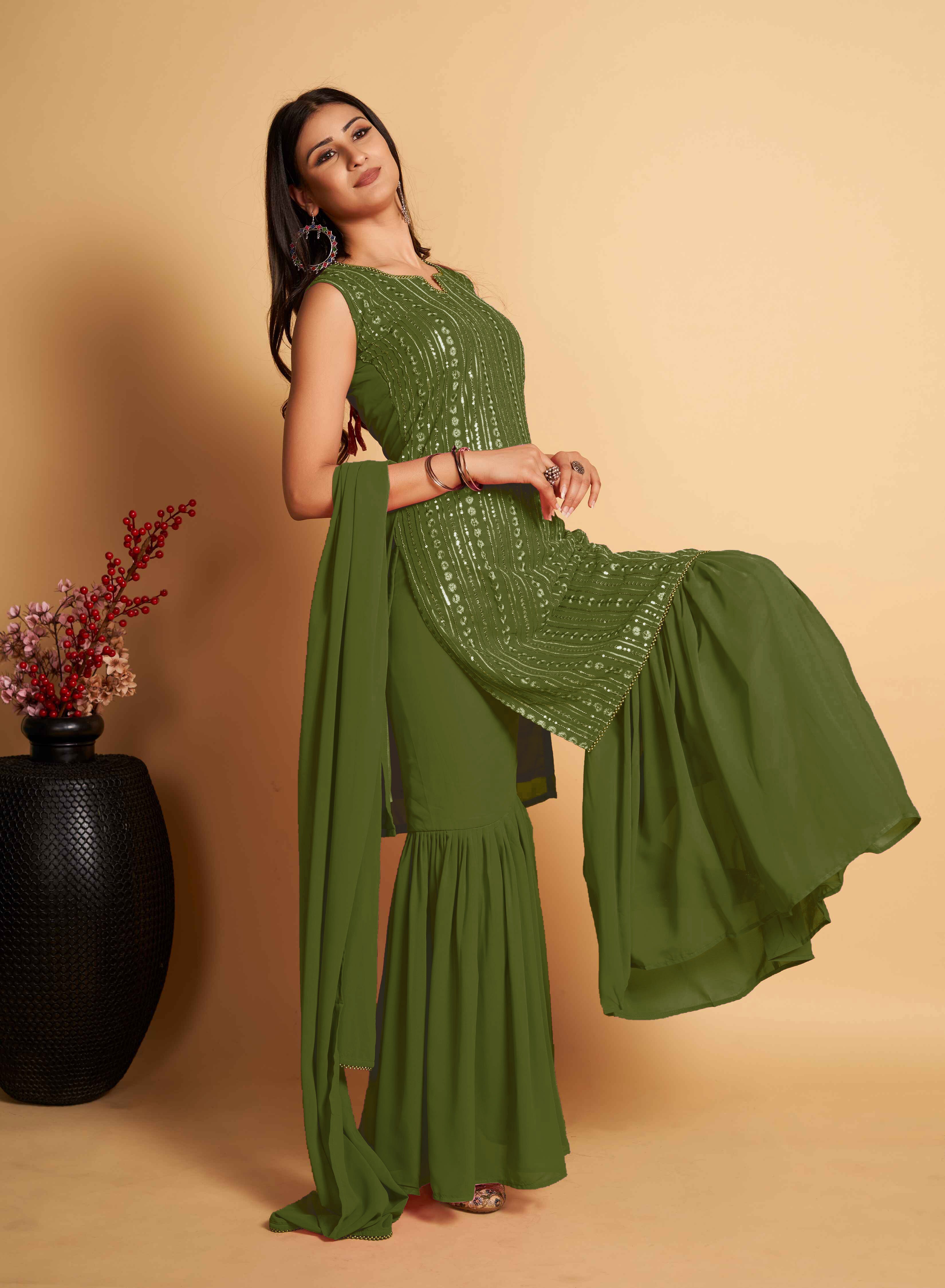 Stunning Green Designer Sharara Kurti Dupatta Set - Embroidered Faux Georgette & Georgette