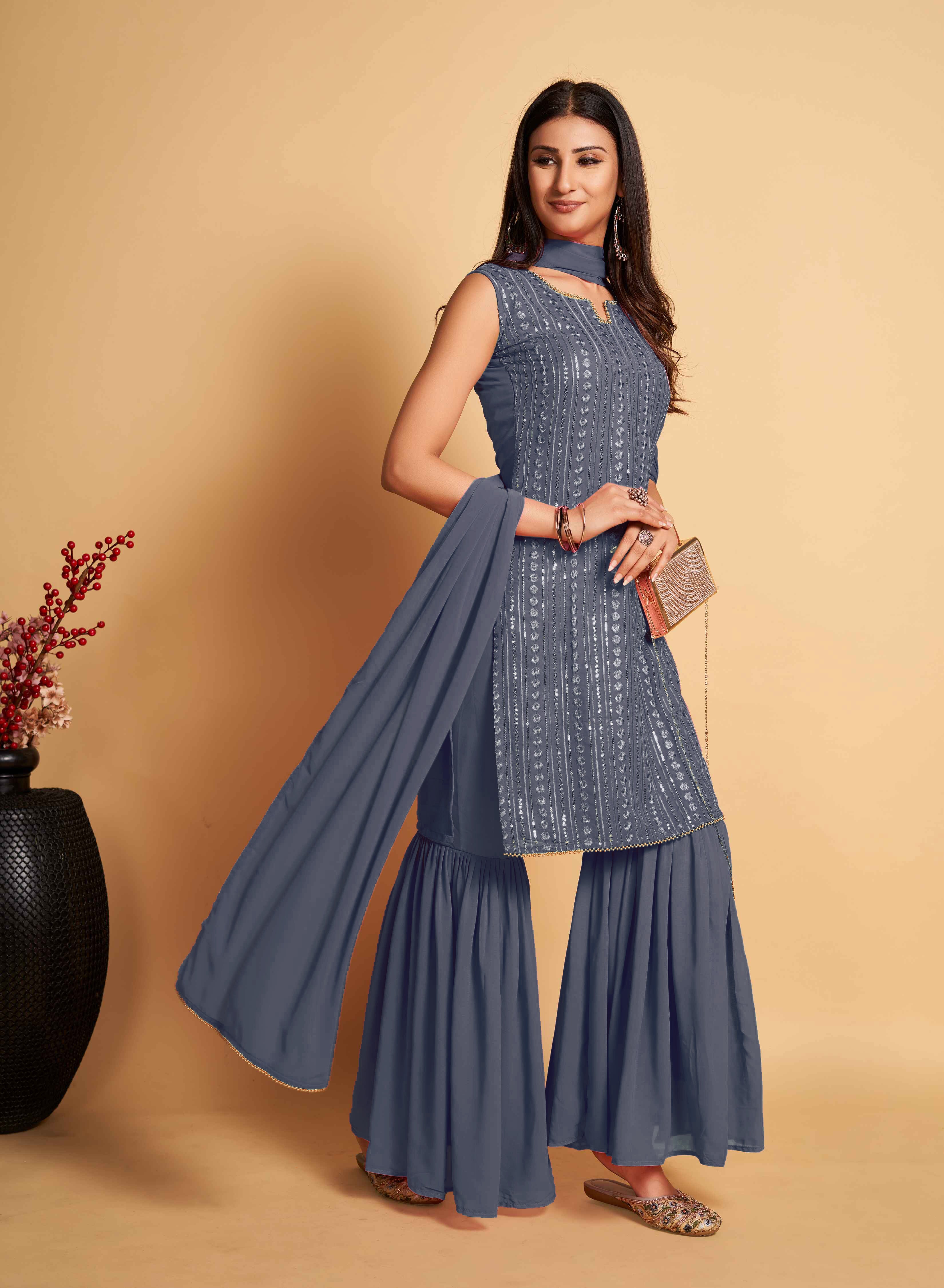 Stunning Grey Designer Sharara Kurti Dupatta Set - Embroidered Faux Georgette & Georgette