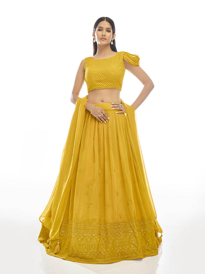 Musturd Georgette Embroidered Designer Lehenga