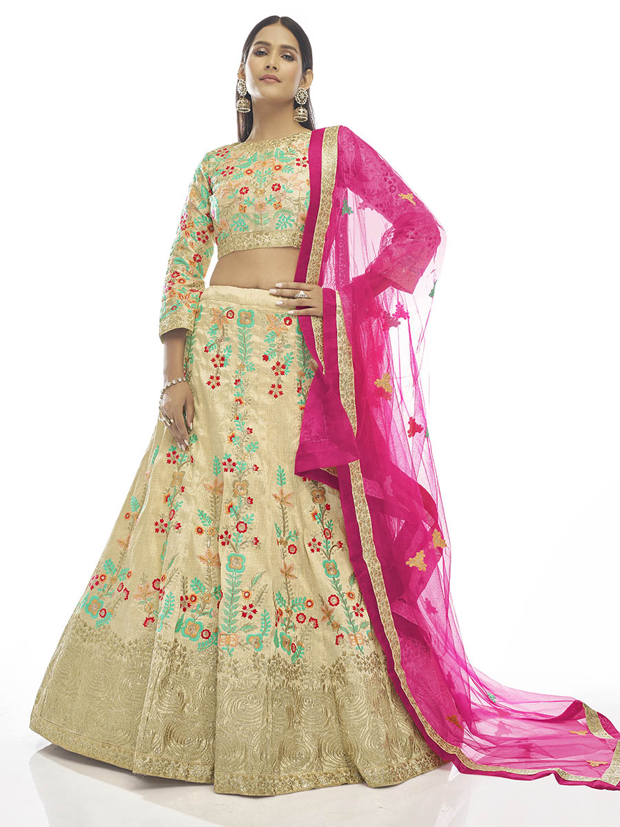 Cream Art Silk Embroidered Designer Lehenga