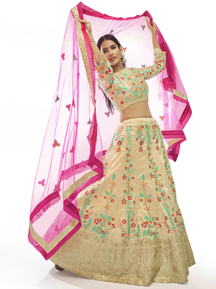 Cream Art Silk Embroidered Designer Lehenga