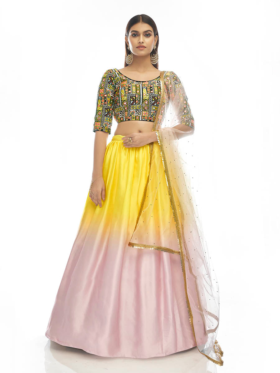 Multicolour Satin Georgette Embroidered Designer Lehenga