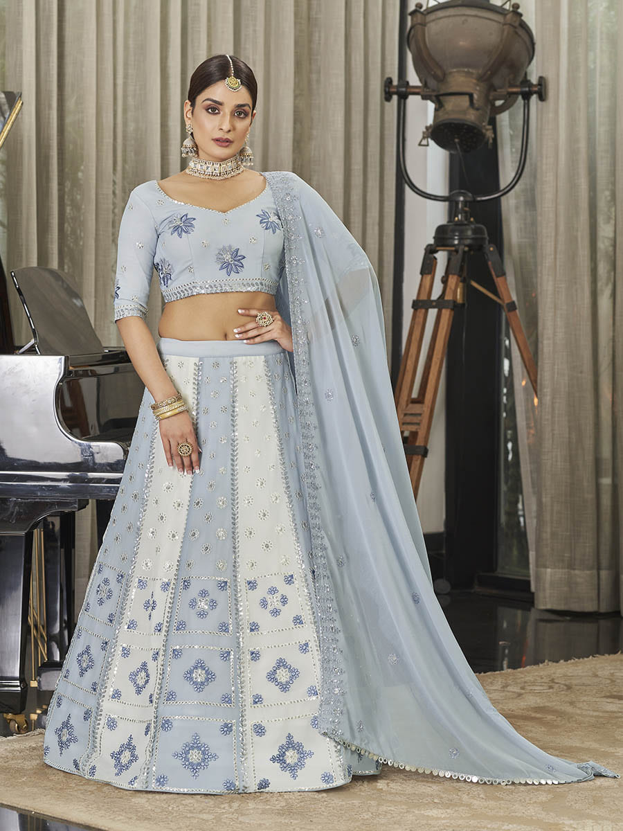 White & Sky Multicolour Georgette Embroidered Designer Lehenga Choli