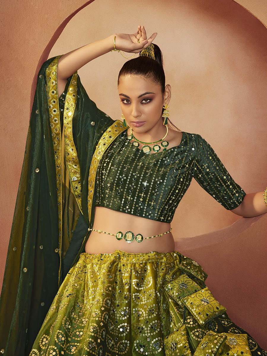 Green Velvet Embroidered Designer Lehenga Choli