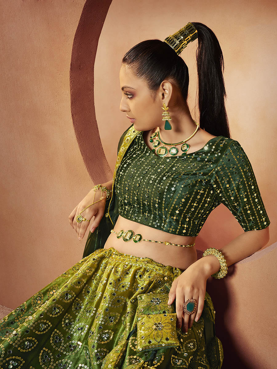 Green Velvet Embroidered Designer Lehenga Choli