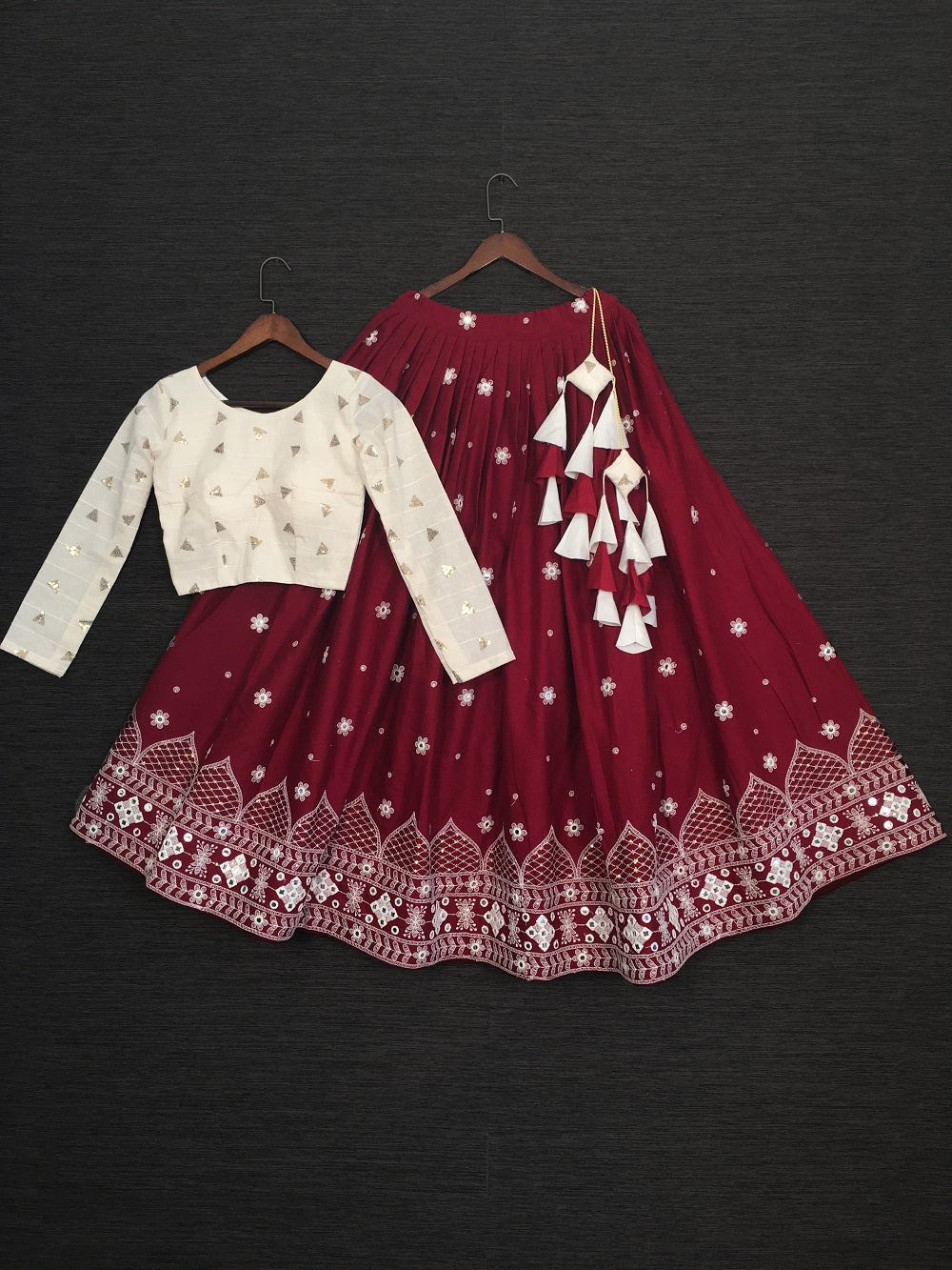 Maroon Color Pure Cotton Lucknowi Work Crop Top Lehenga Choli