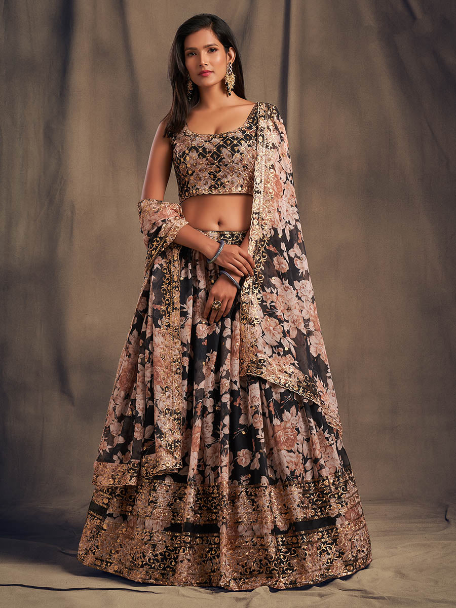 Black Organza Silk Embroidered Lehenga