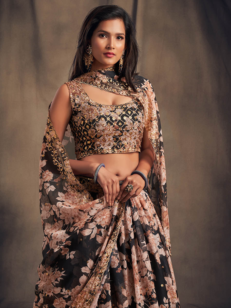 Black Organza Silk Embroidered Lehenga