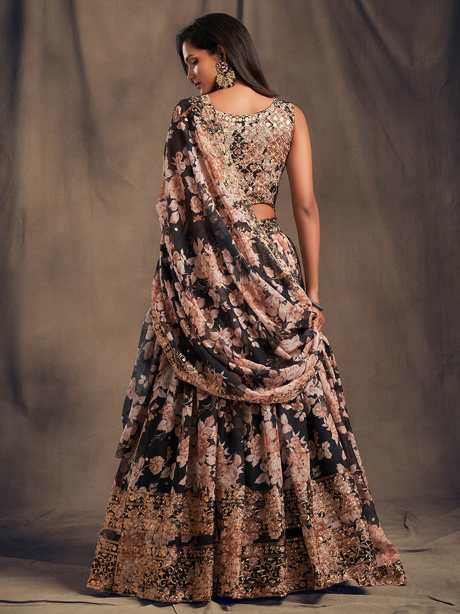 Black Organza Silk Embroidered Lehenga