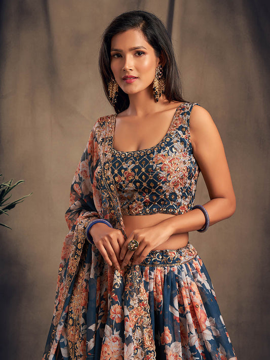 डव ब्लू ऑर्गेंजा सिल्क कढ़ाई वाला लहंगा