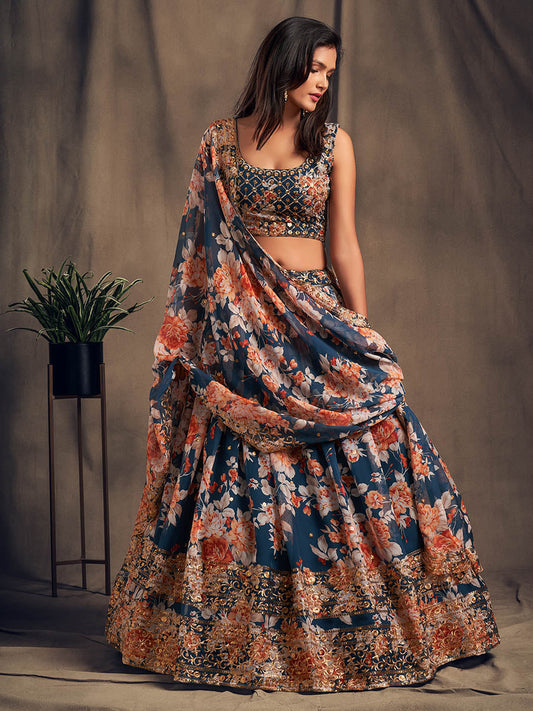 डव ब्लू ऑर्गेंजा सिल्क कढ़ाई वाला लहंगा