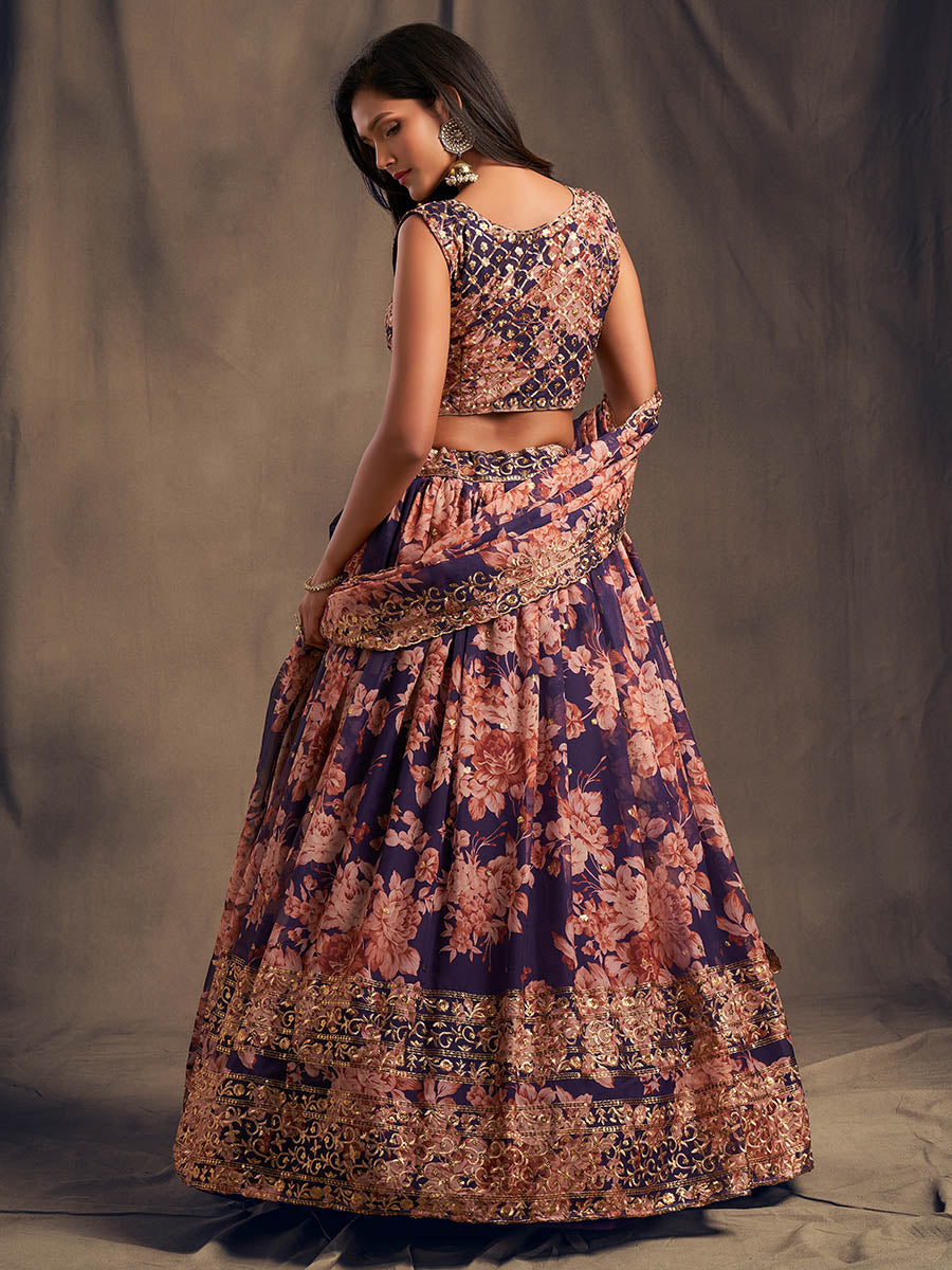 Purple Organza Silk Embroidered Lehenga