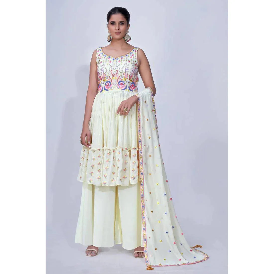 Off White Mirror Work Multi Embroidery Chiffon Palazzo Suit