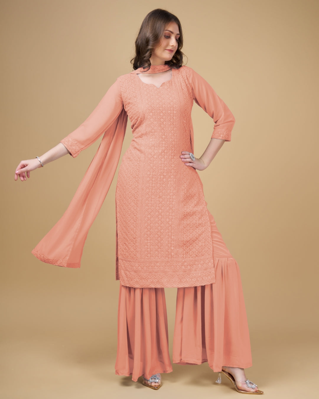 Stunning Faux Georgette Sharara Kurti Dupatta Set - Embroidered Elegance